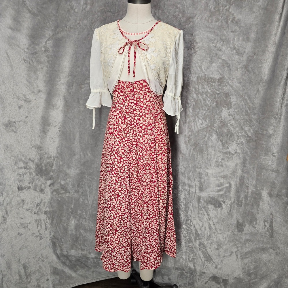 Prairie Maxi Dress Women S Red Floral Lace Bolero Overlay Cottagecore Milkmaid